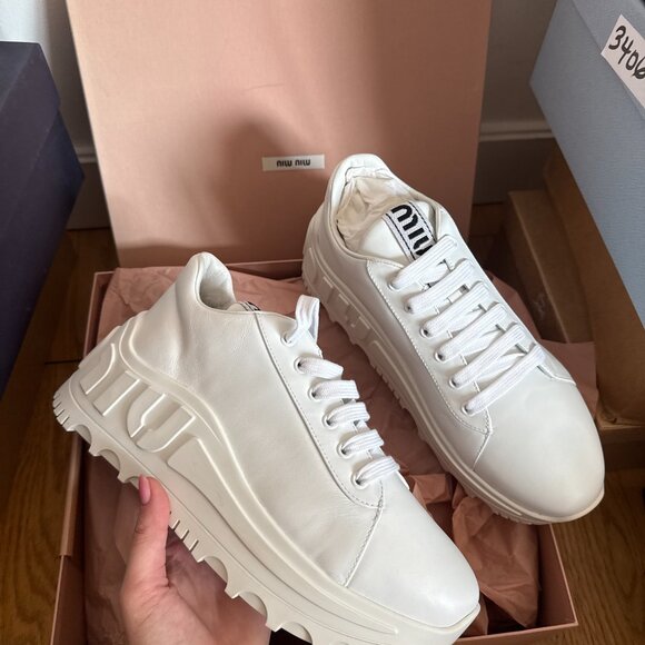 NWT Miu Miu Platform Low-top Sneakers White Leather Lace Up Sz 41 - Picture 5 of 10